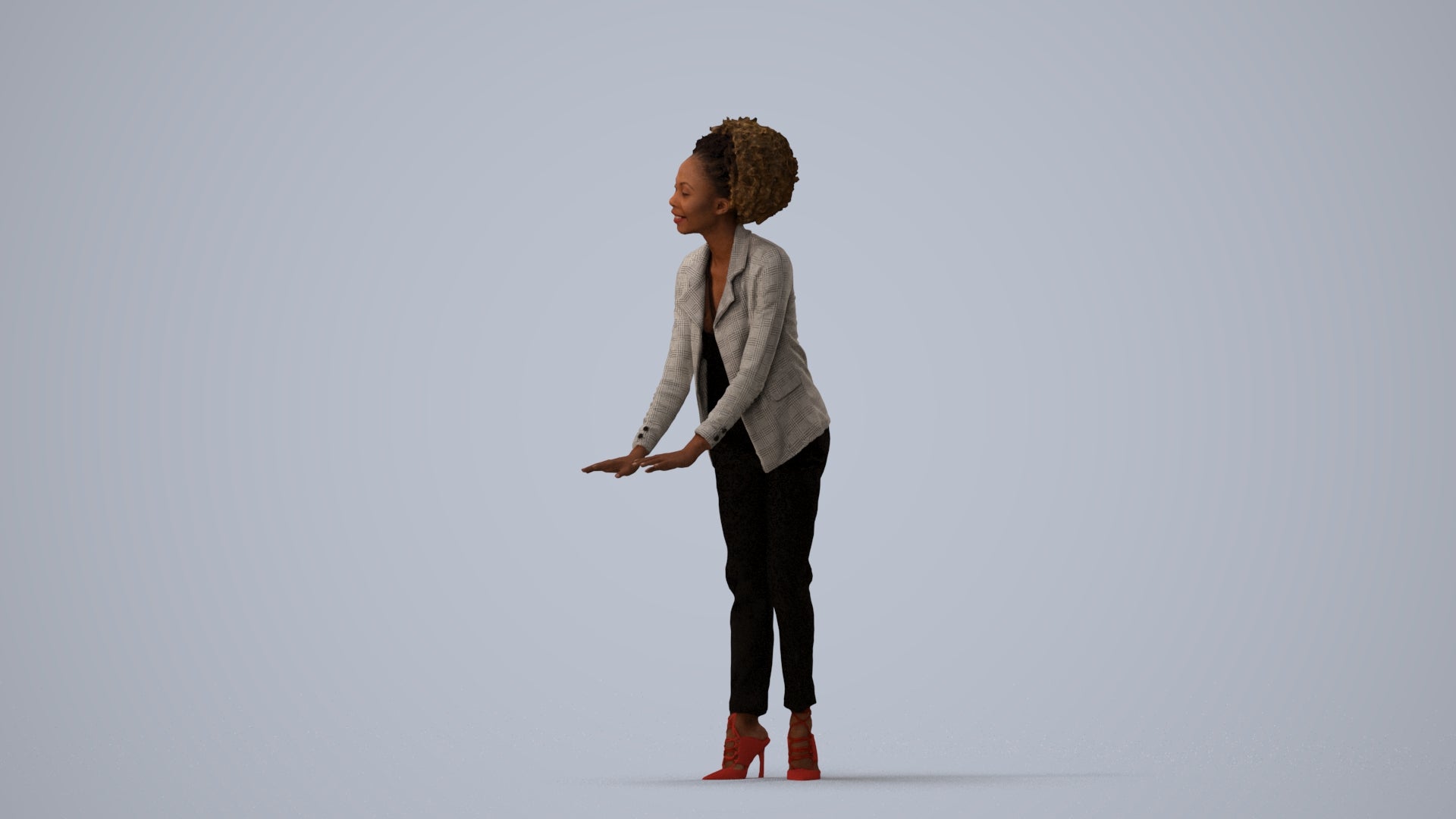 realistic 3D human woman business standing, archviz people FBX OBJ for Blender, three-quarter view render