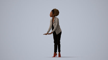 realistic 3D human woman business standing, archviz people FBX OBJ for Blender, three-quarter view render