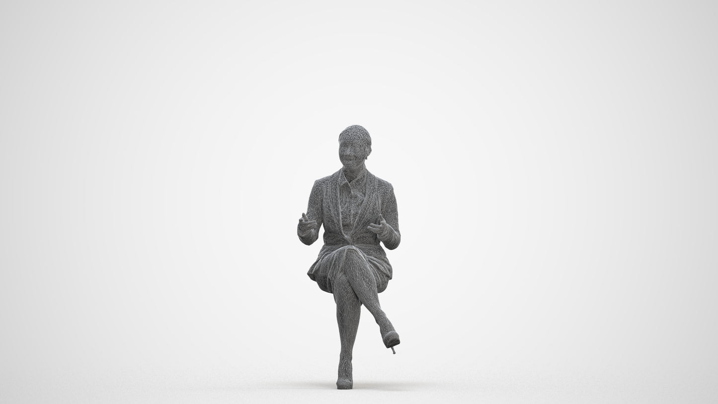 realistic 3D woman business sitting, scanned archviz people for Blender and 3ds Max, three-quarter front view render