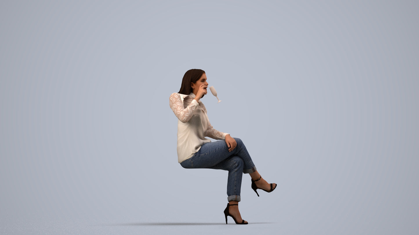 realistic 3D woman casual sitting, scanned archviz people for Blender and 3ds Max, side view render
