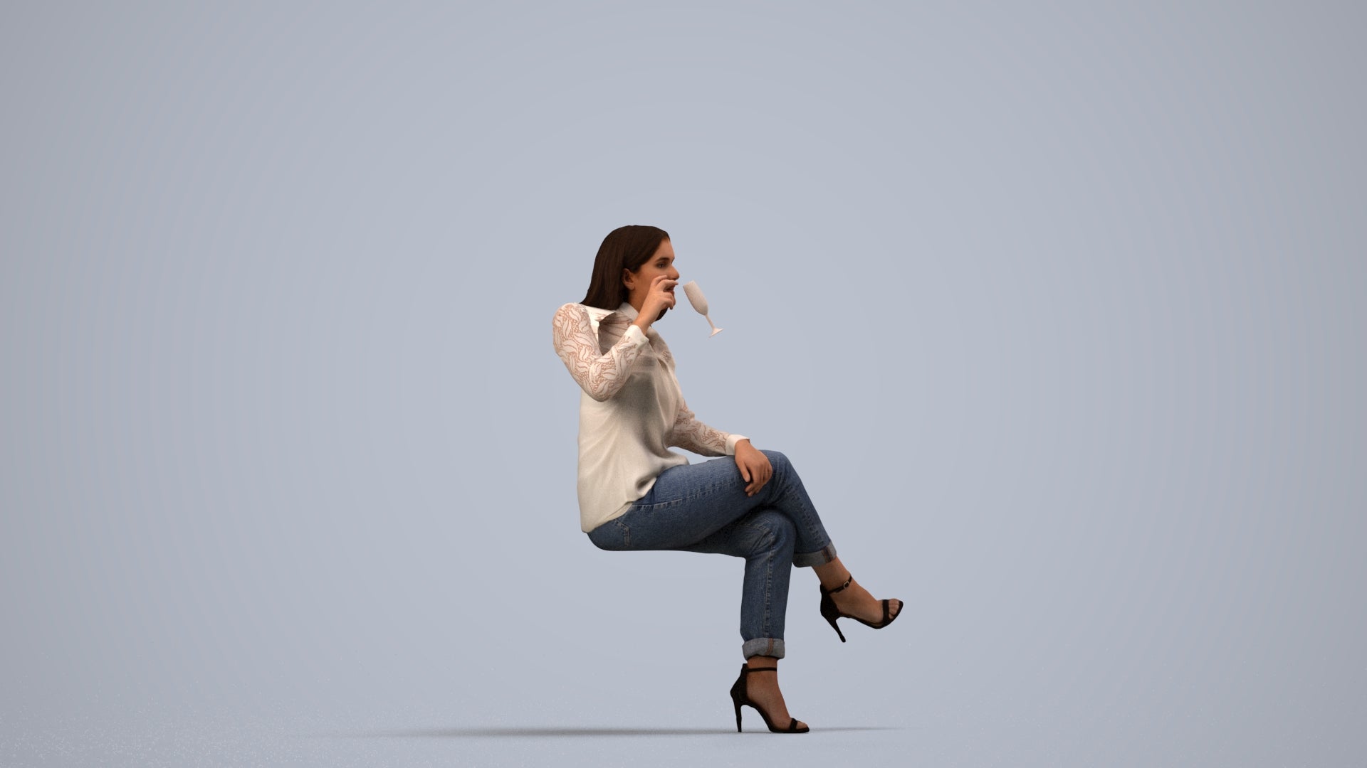 realistic 3D woman casual sitting, scanned archviz people for Blender and 3ds Max, side view render