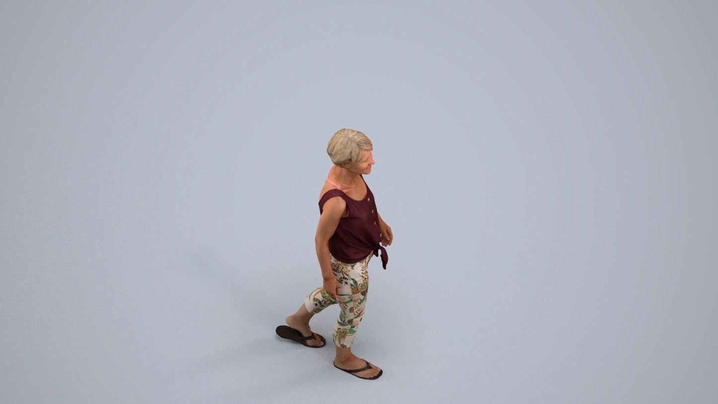 3D human model senior woman walking, photogrammetry scanned person for archviz, back view render