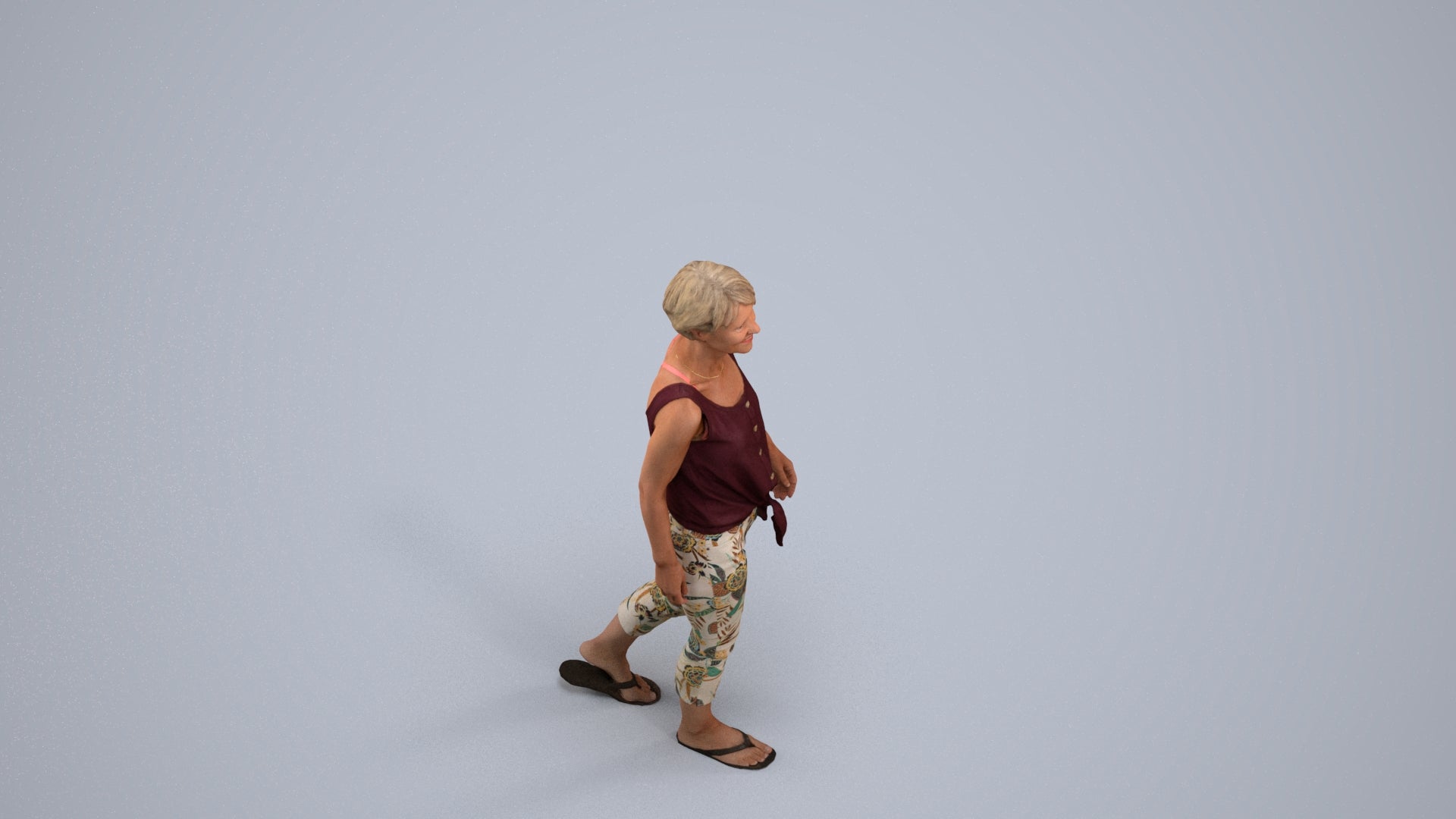 3D human model senior woman walking, photogrammetry scanned person for archviz, back view render