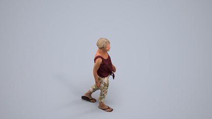 3D human model senior woman walking, photogrammetry scanned person for archviz, back view render