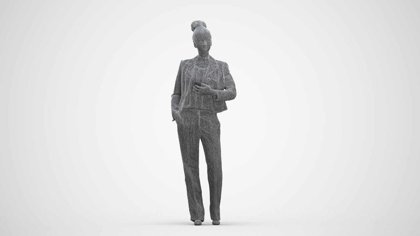scanned 3D woman business standing, photogrammetry people for Enscape and V-Ray, three-quarter front view render