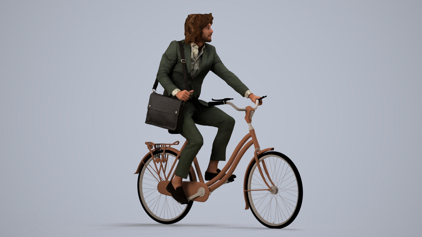 3D human model man business cycling, photogrammetry scanned person for archviz, side view render