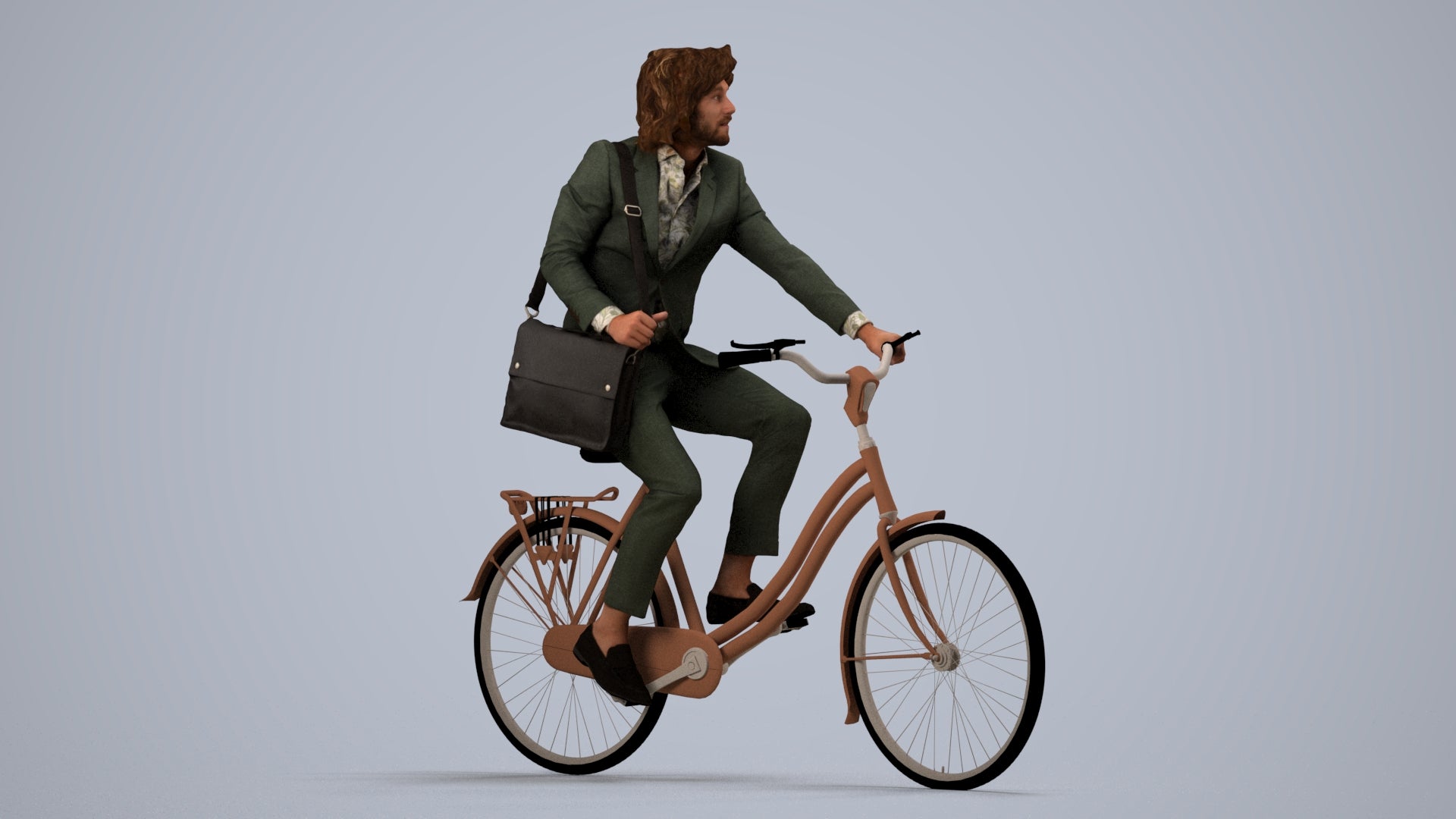 3D human model man business cycling, photogrammetry scanned person for archviz, side view render