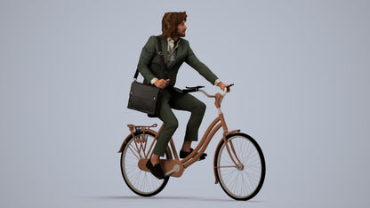 3D human model man business cycling, photogrammetry scanned person for archviz, side view render
