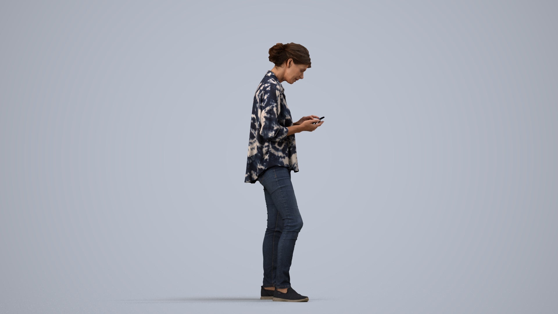 realistic 3D people woman casual standing, render-ready for V-Ray and Corona, FBX OBJ, side view render