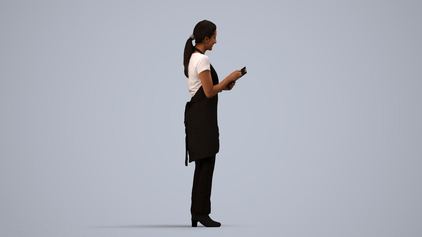 realistic 3D woman hospitality, scanned archviz people for Blender and 3ds Max, side view render