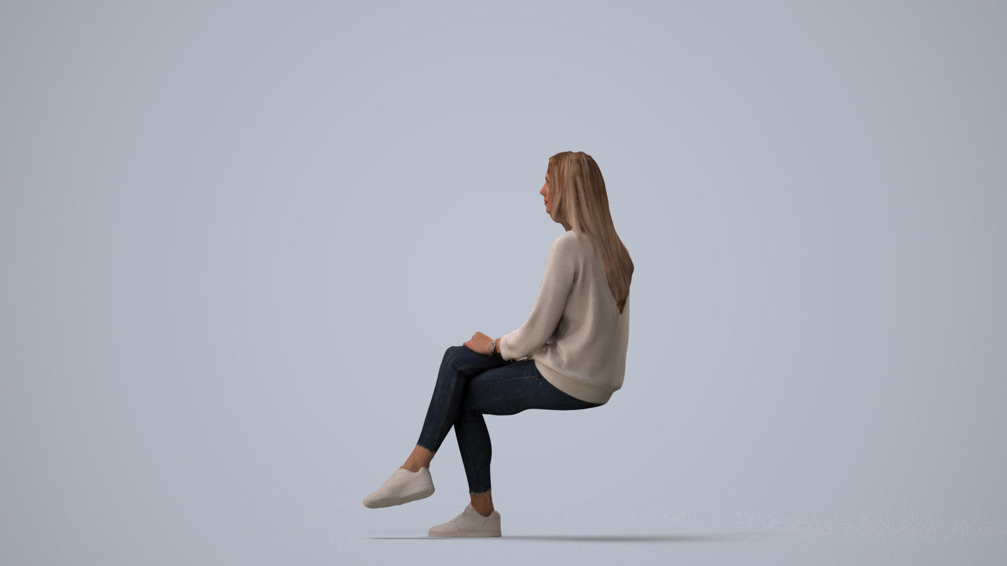 realistic 3D human woman casual sitting, archviz people FBX OBJ for Blender, three-quarter view render