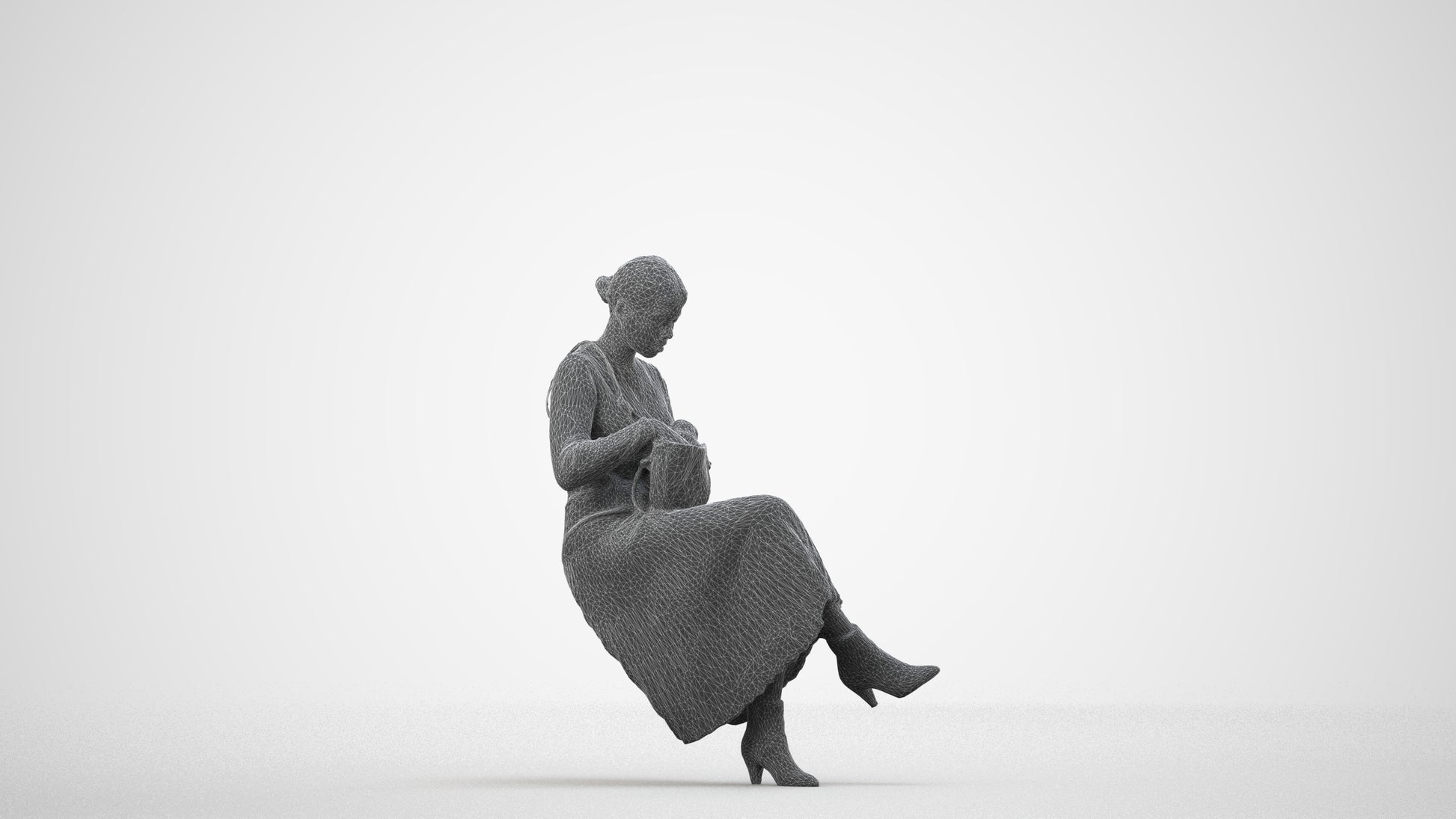 realistic 3D human woman casual sitting, archviz people FBX OBJ for Blender, wireframe side view