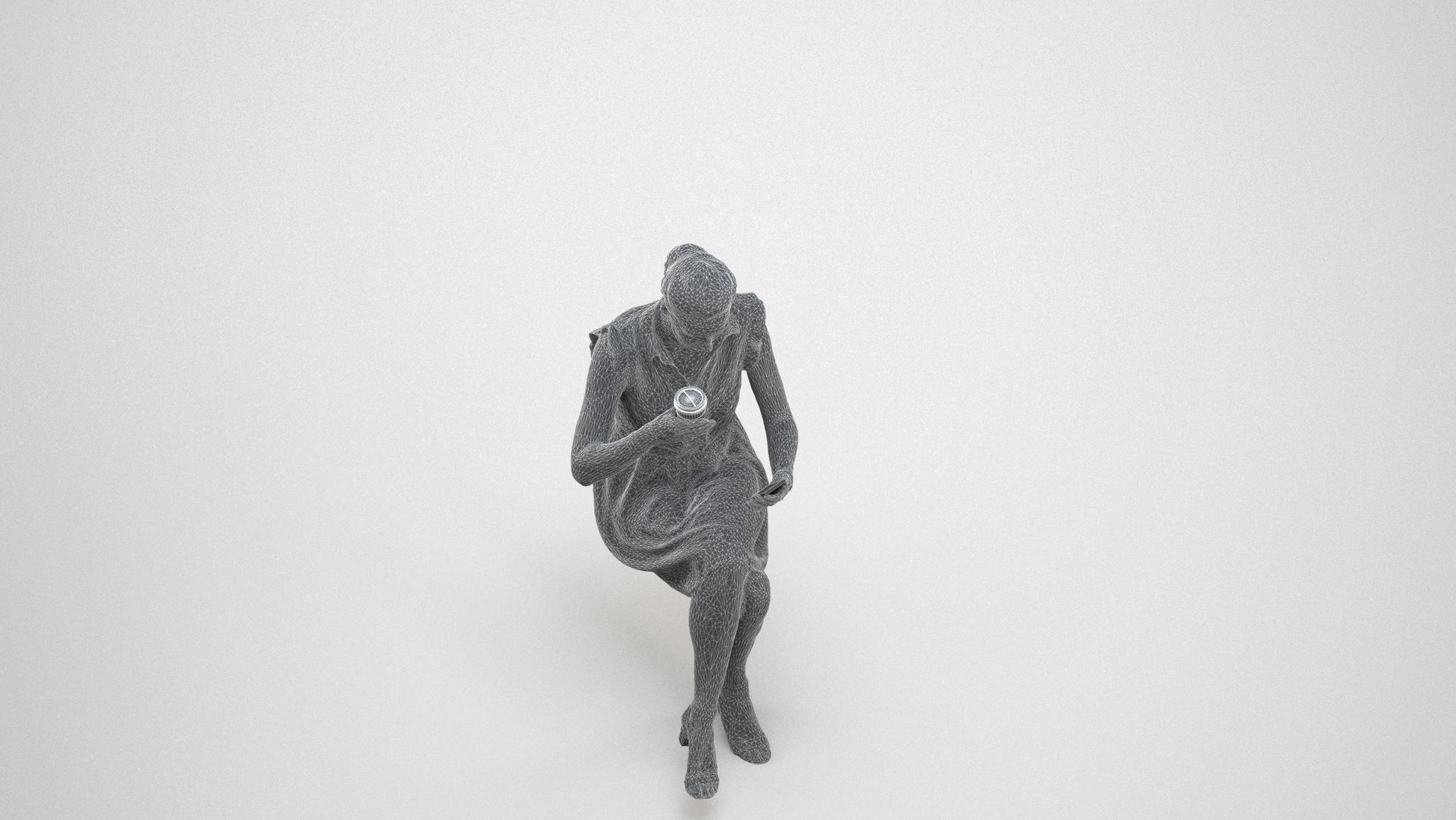 3D scanned woman sitting casual, photorealistic archviz people for Enscape and SketchUp, wireframe three-quarter view