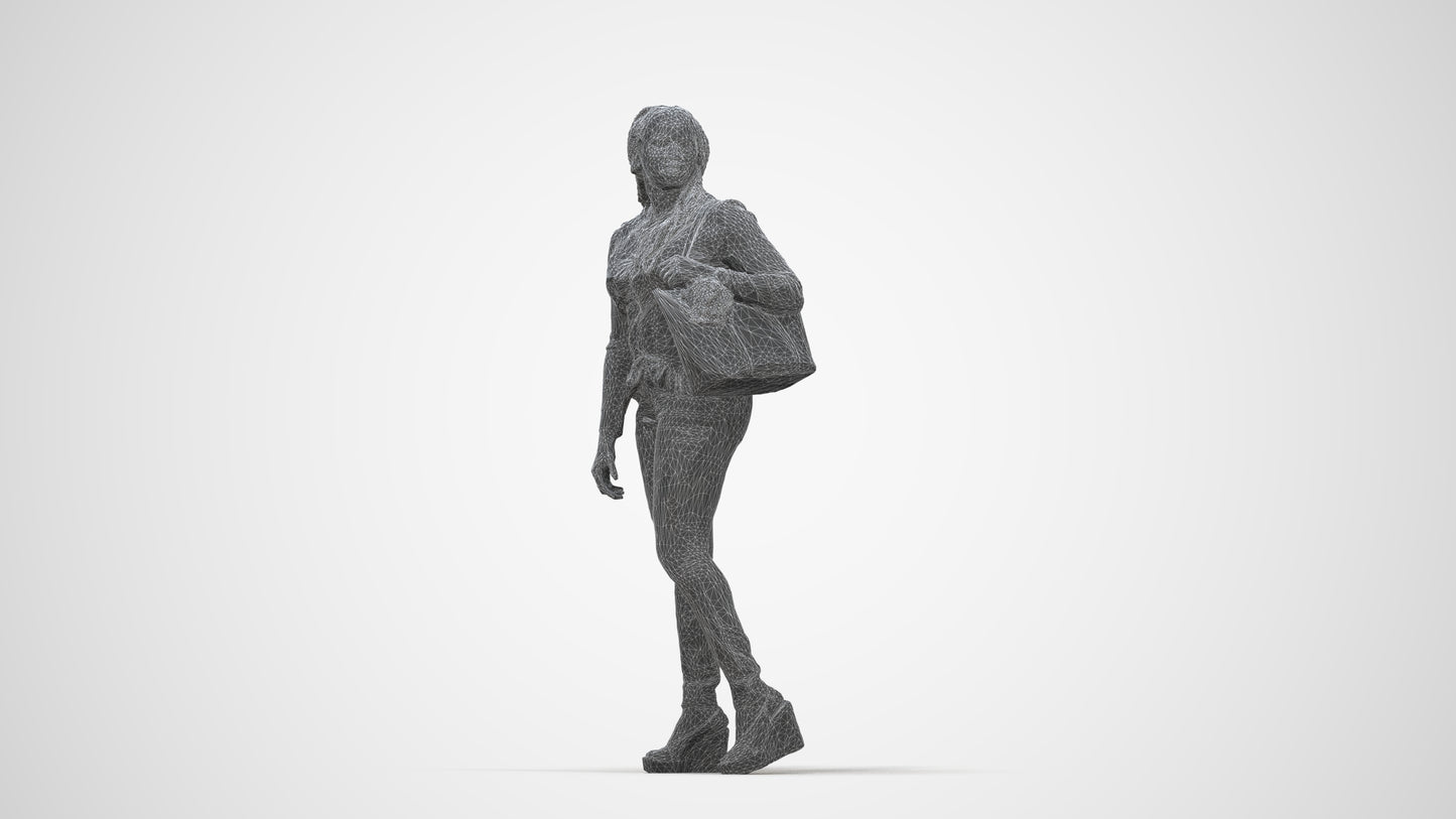 3D people model woman casual walking, scanned human for 3ds Max rendering, wireframe back view