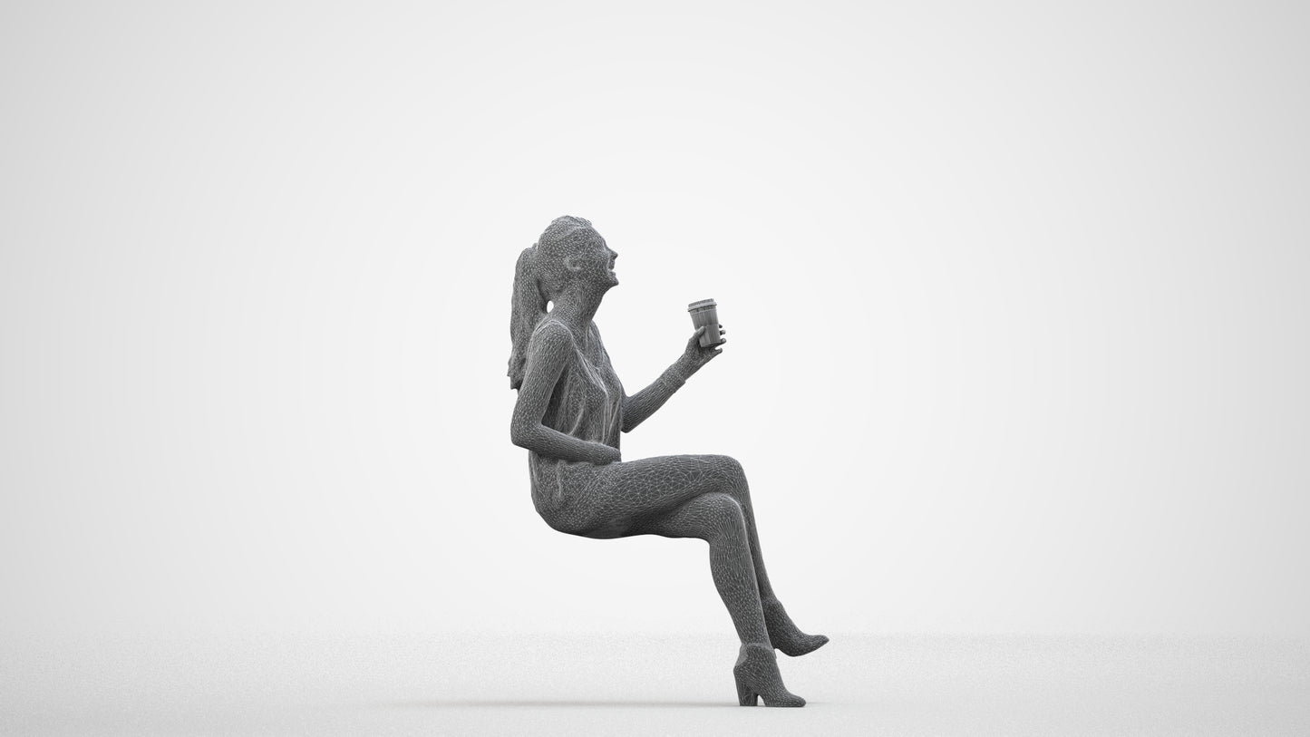 photogrammetry 3D girl casual sitting, realistic human model archviz FBX, wireframe side view