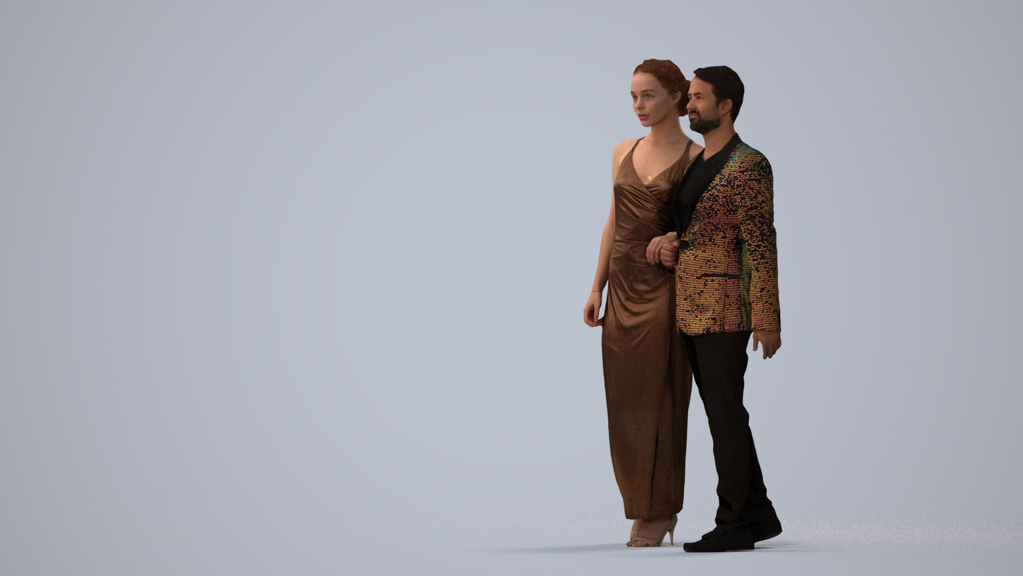 3D scanned woman couple formal, photorealistic archviz people for Enscape and SketchUp, three-quarter view render