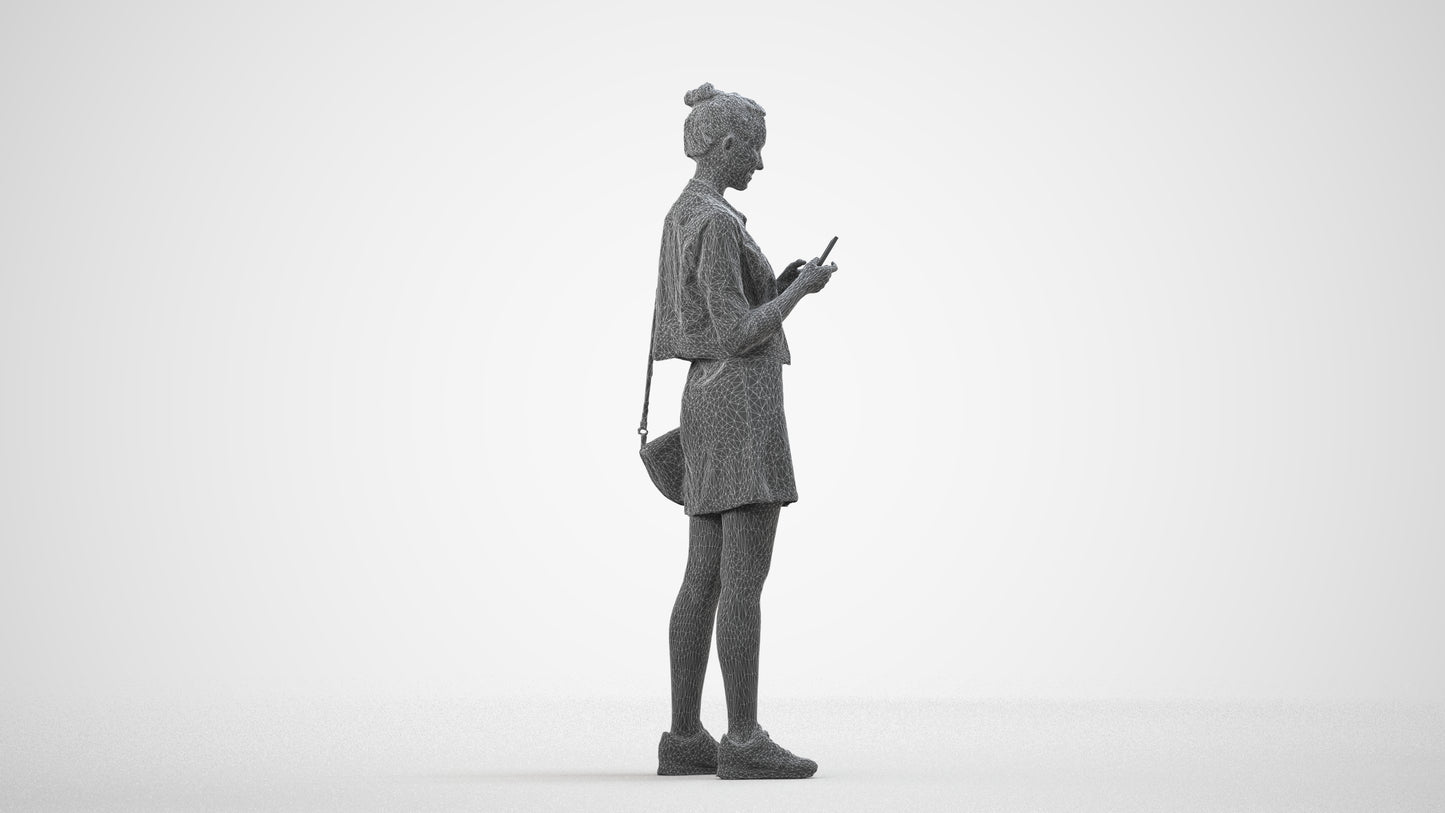 3D human model woman casual standing, photogrammetry scanned person for archviz, wireframe side view