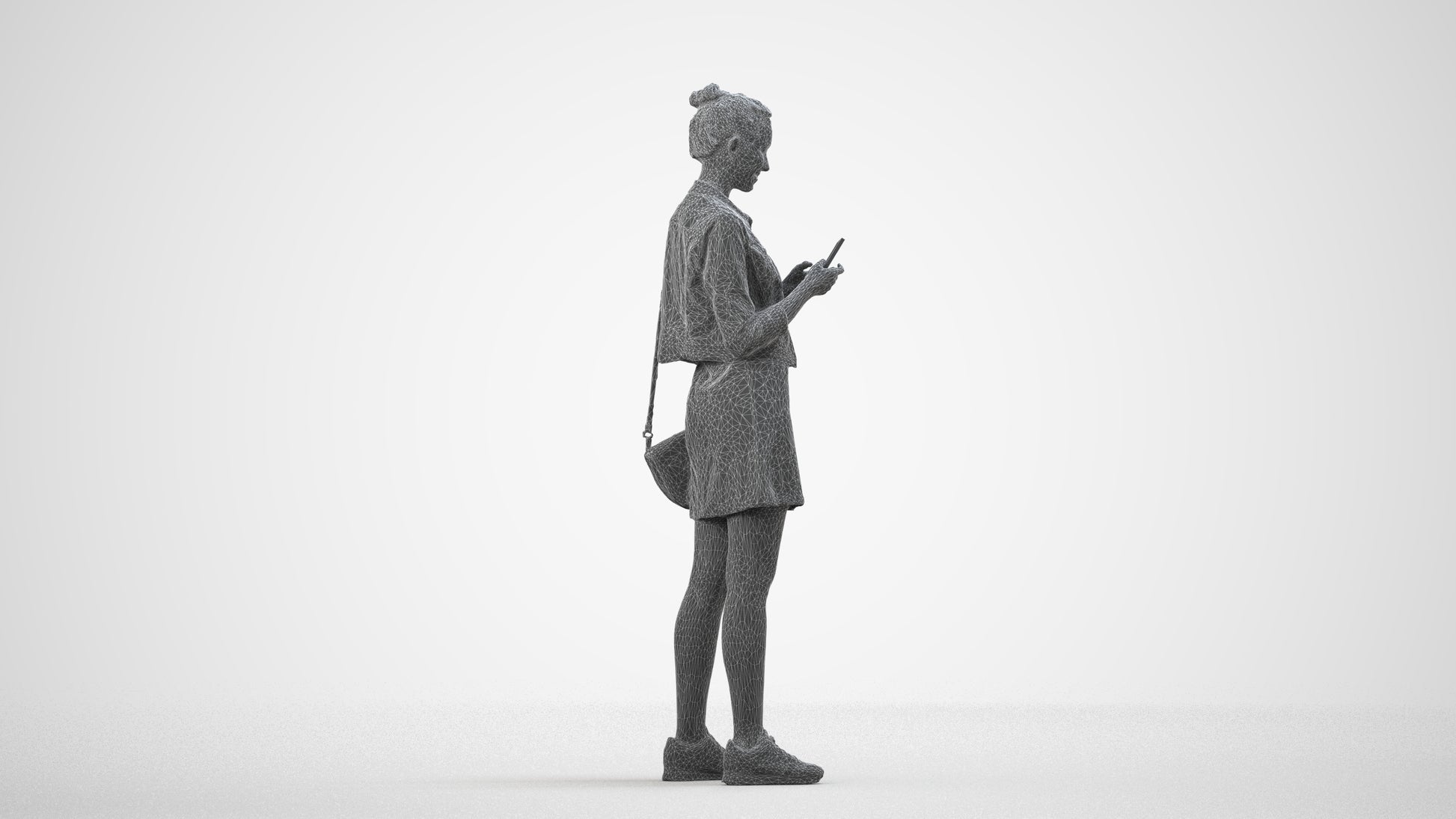3D human model woman casual standing, photogrammetry scanned person for archviz, wireframe side view