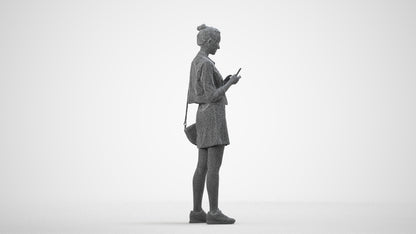 3D human model woman casual standing, photogrammetry scanned person for archviz, wireframe side view