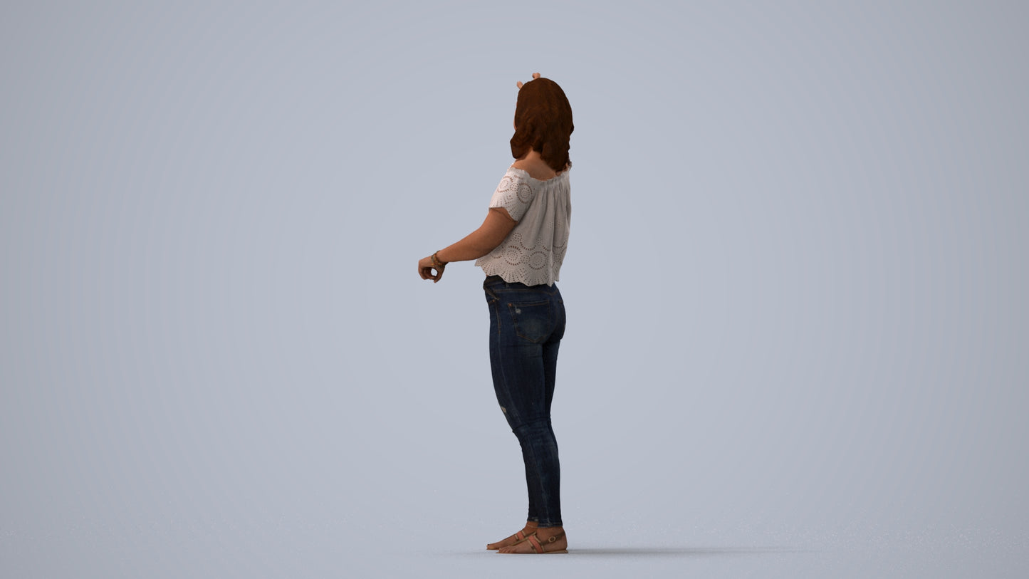 photogrammetry 3D woman casual standing, realistic human model archviz FBX, three-quarter view render