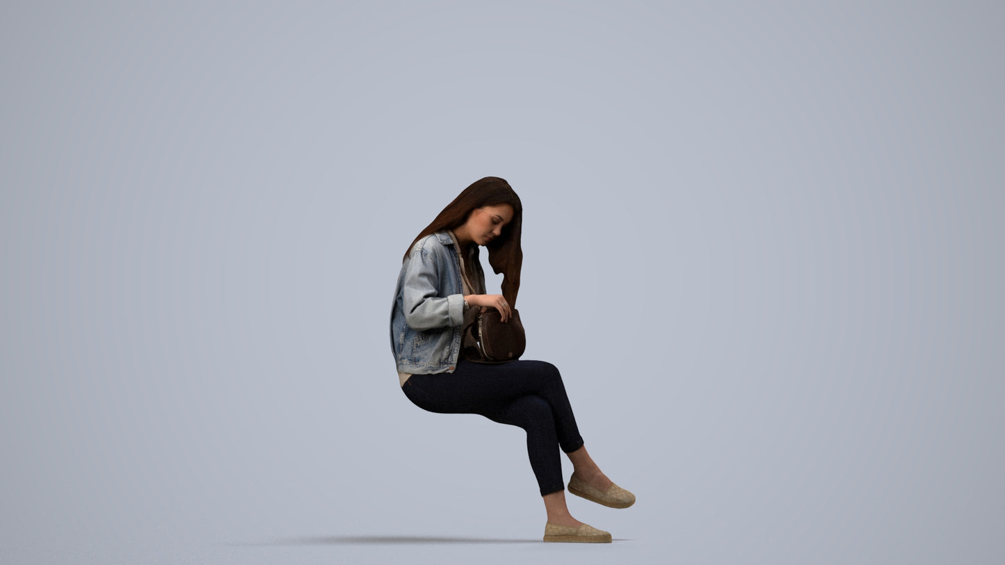 realistic 3D human woman sitting, archviz people FBX OBJ for Blender, side view render