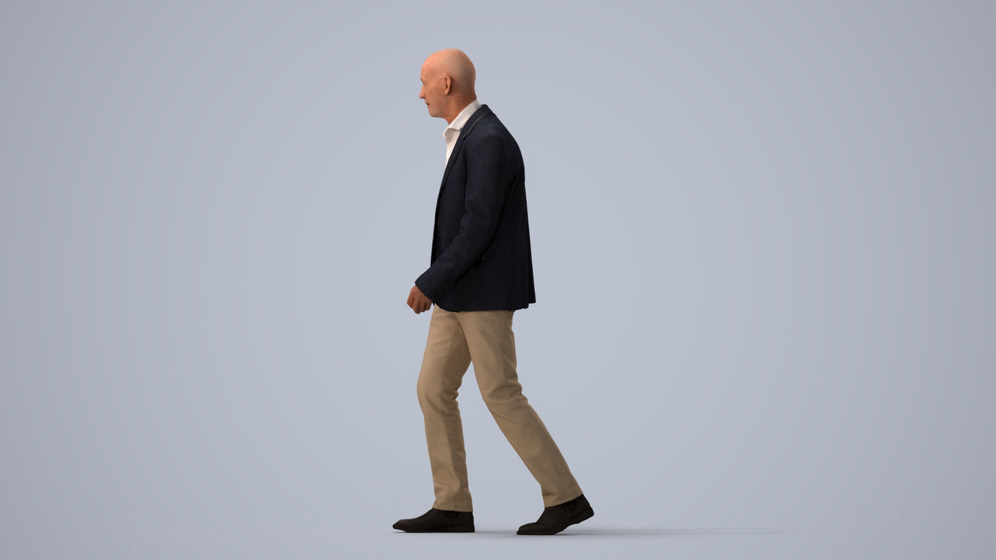 3D human model senior man business, photogrammetry scanned person for archviz, three-quarter view render