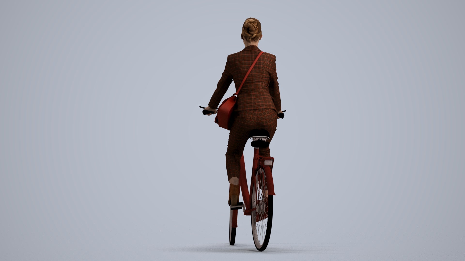 3D human model woman business cycling, photogrammetry scanned person for archviz, front view render