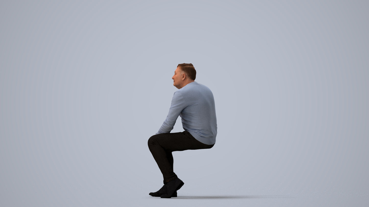 realistic 3D human man casual sitting, archviz people FBX OBJ for Blender, three-quarter view render