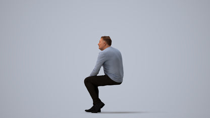 realistic 3D human man casual sitting, archviz people FBX OBJ for Blender, three-quarter view render