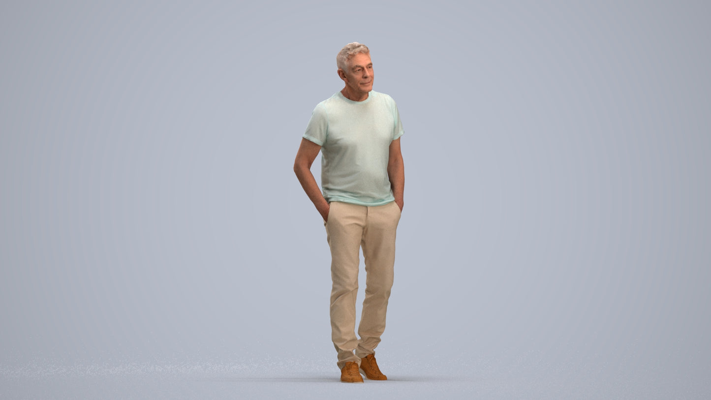 3D people model senior man casual walking, scanned human for 3ds Max rendering, standing pose render