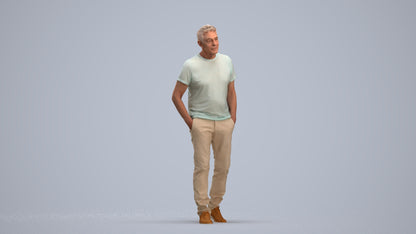 3D people model senior man casual walking, scanned human for 3ds Max rendering, standing pose render
