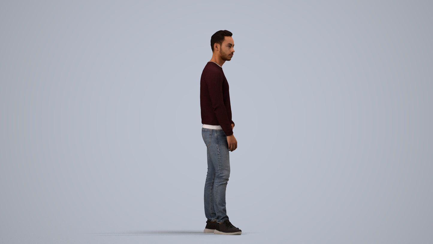 3D people model man casual standing, scanned human for 3ds Max rendering, side view render