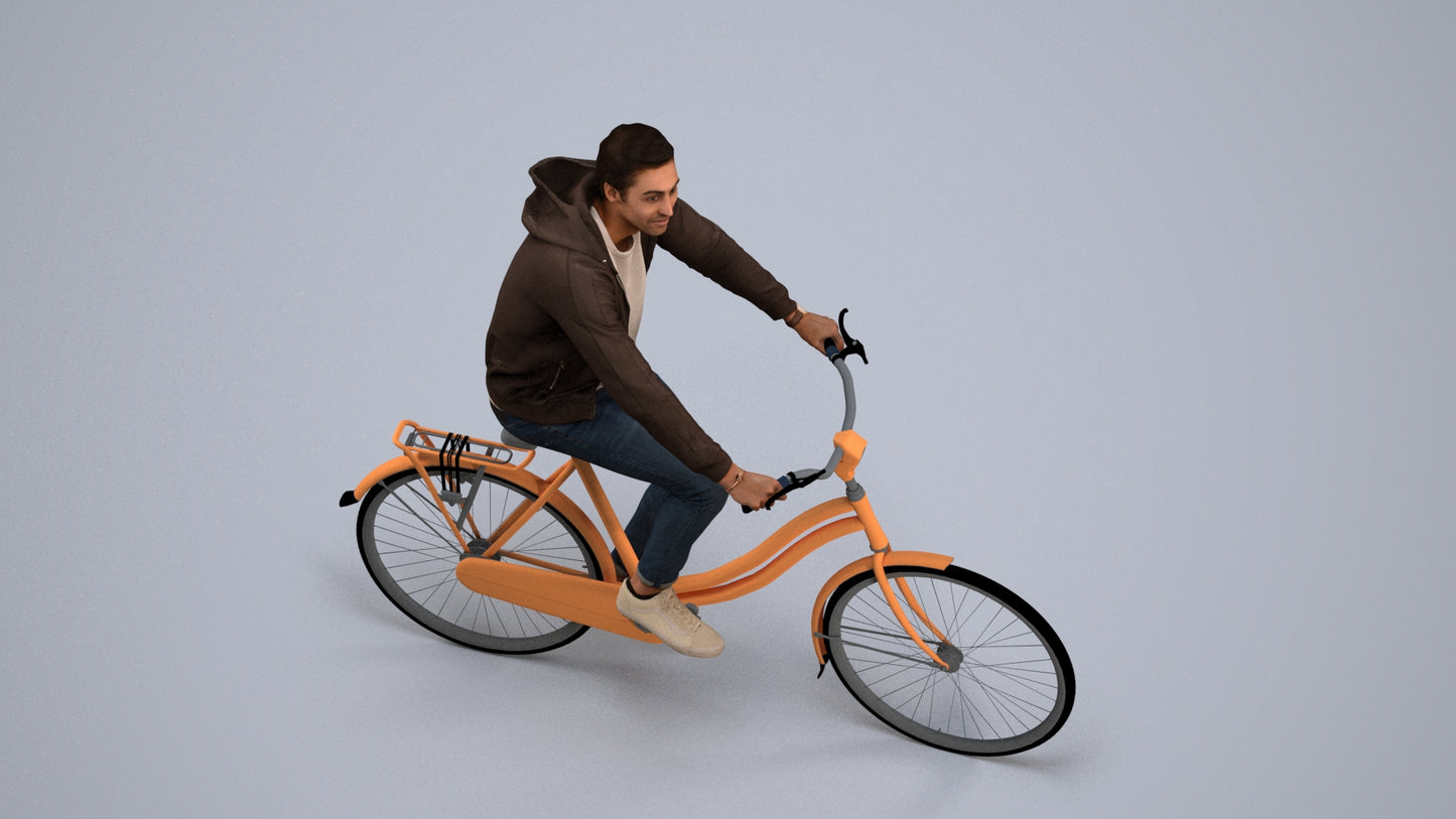 photogrammetry 3D man casual cycling, realistic human model archviz FBX, back view render