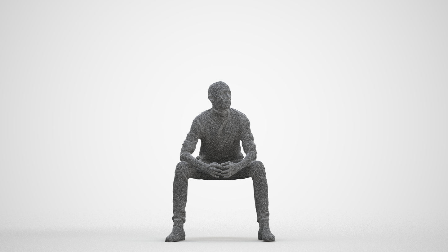realistic 3D human man casual sitting, archviz people FBX OBJ for Blender, three-quarter front view render