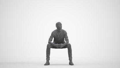 realistic 3D human man casual sitting, archviz people FBX OBJ for Blender, three-quarter front view render