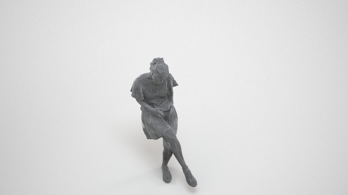realistic 3D human woman casual sitting, archviz people FBX OBJ for Blender, wireframe three-quarter view