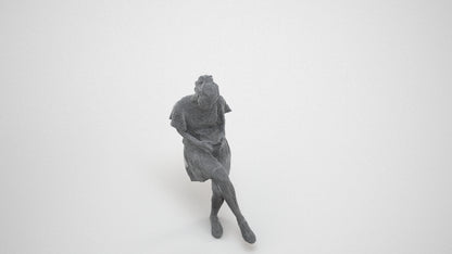 realistic 3D human woman casual sitting, archviz people FBX OBJ for Blender, wireframe three-quarter view