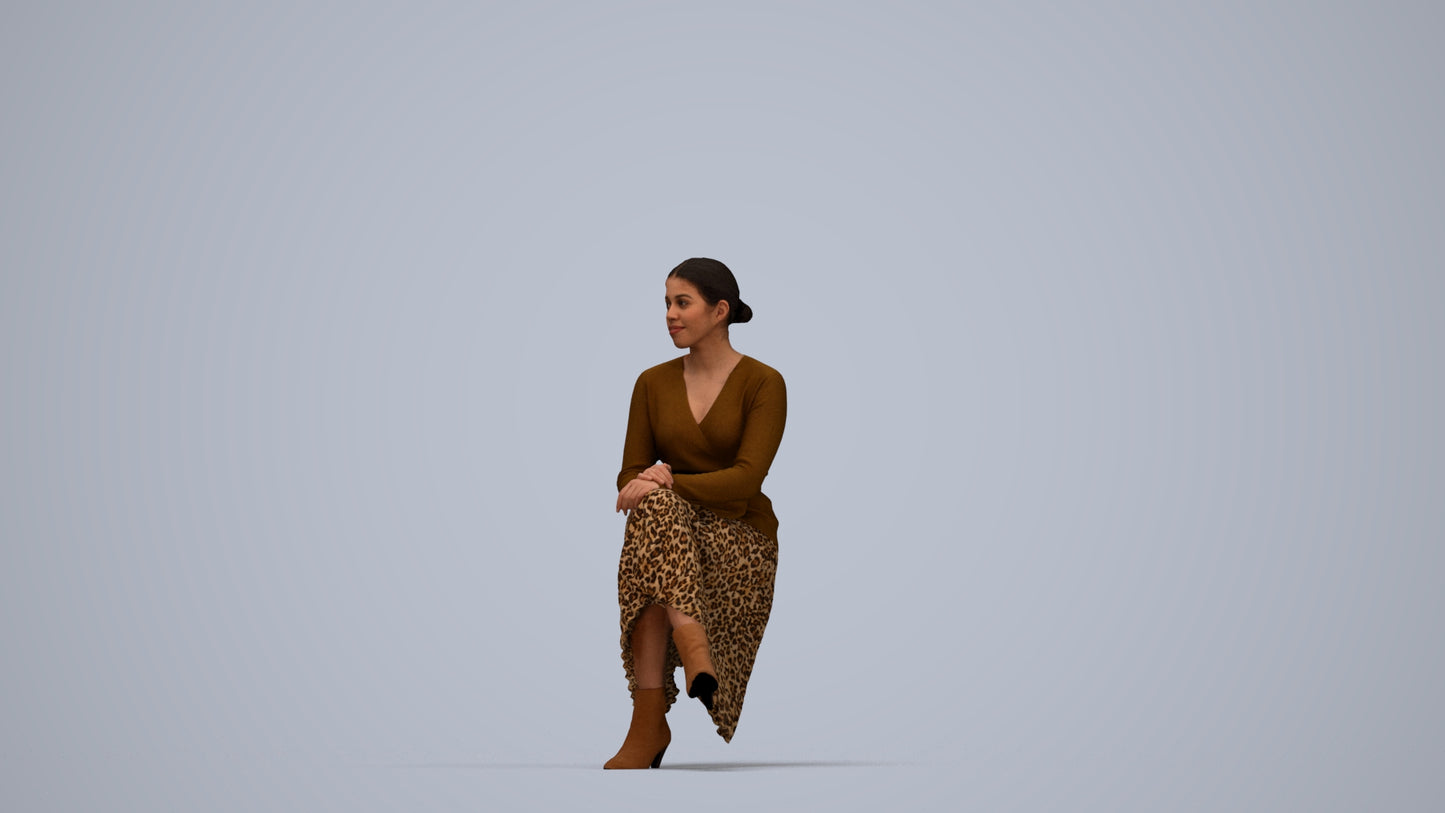 photogrammetry 3D woman casual sitting, realistic human model archviz FBX, top-down view render