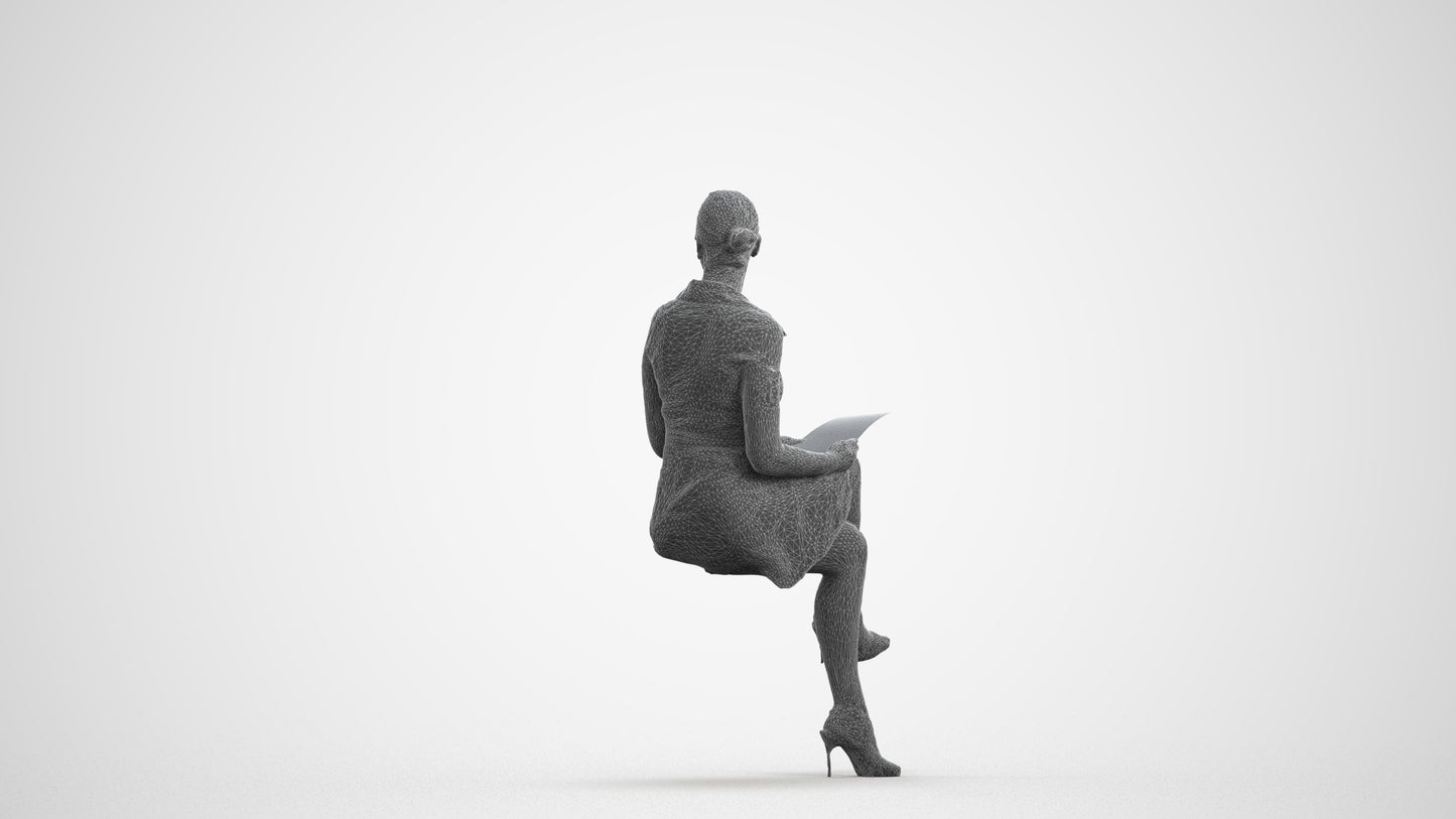 3D scanned woman sitting business, photorealistic archviz people for Enscape and SketchUp, wireframe front view