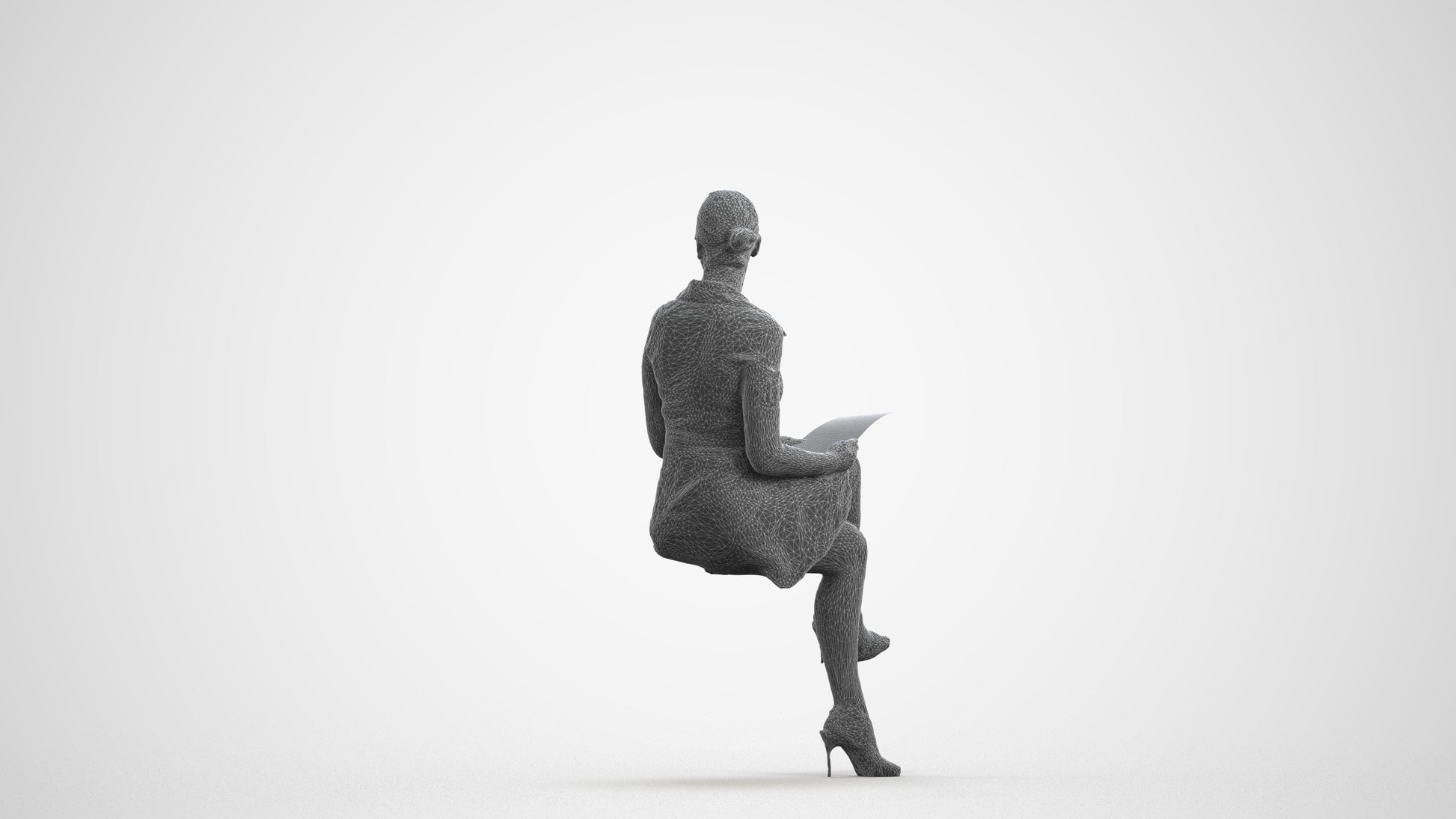 3D scanned woman sitting business, photorealistic archviz people for Enscape and SketchUp, wireframe front view