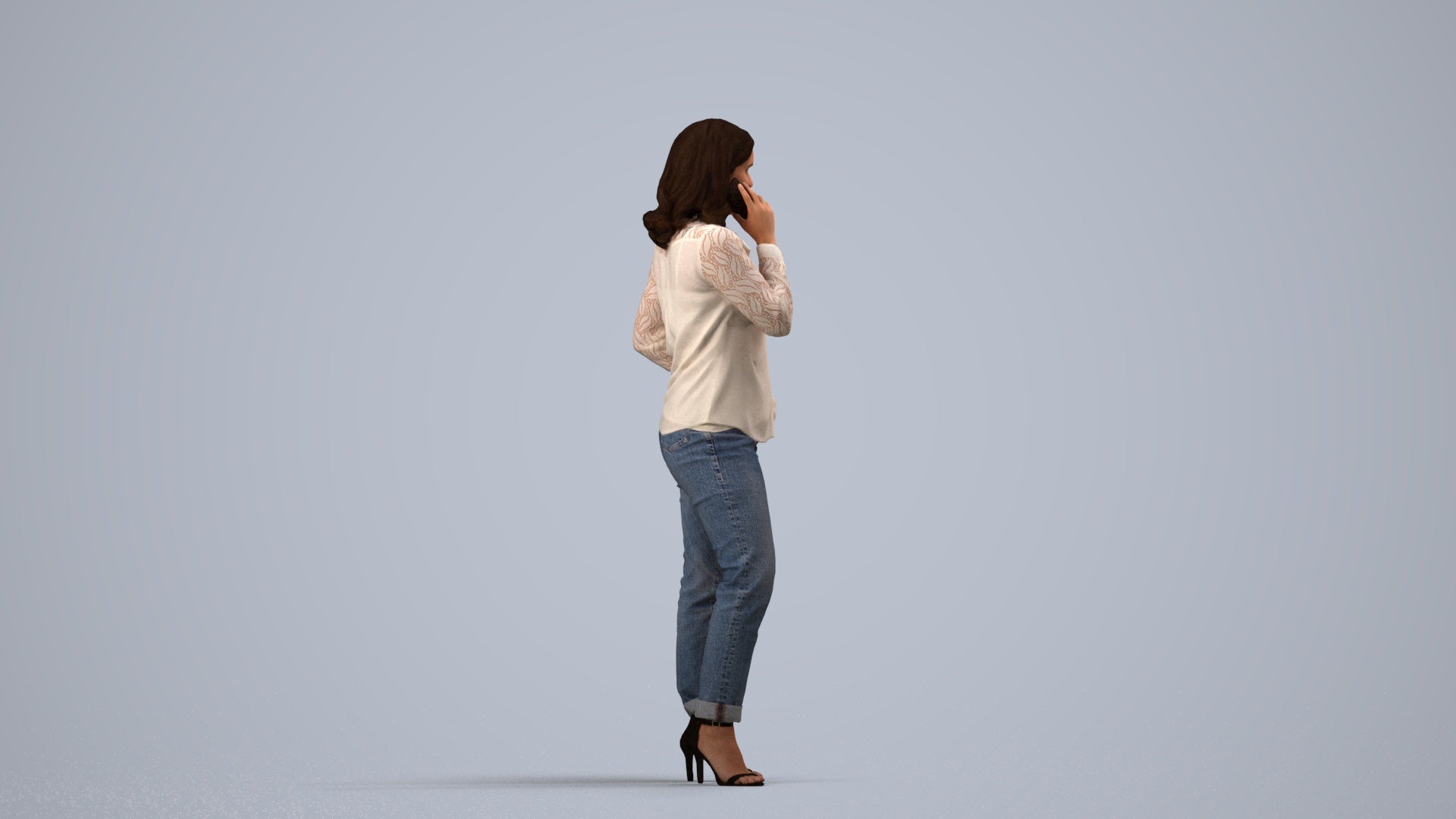 realistic 3D human woman casual standing, archviz people FBX OBJ for Blender, side view render