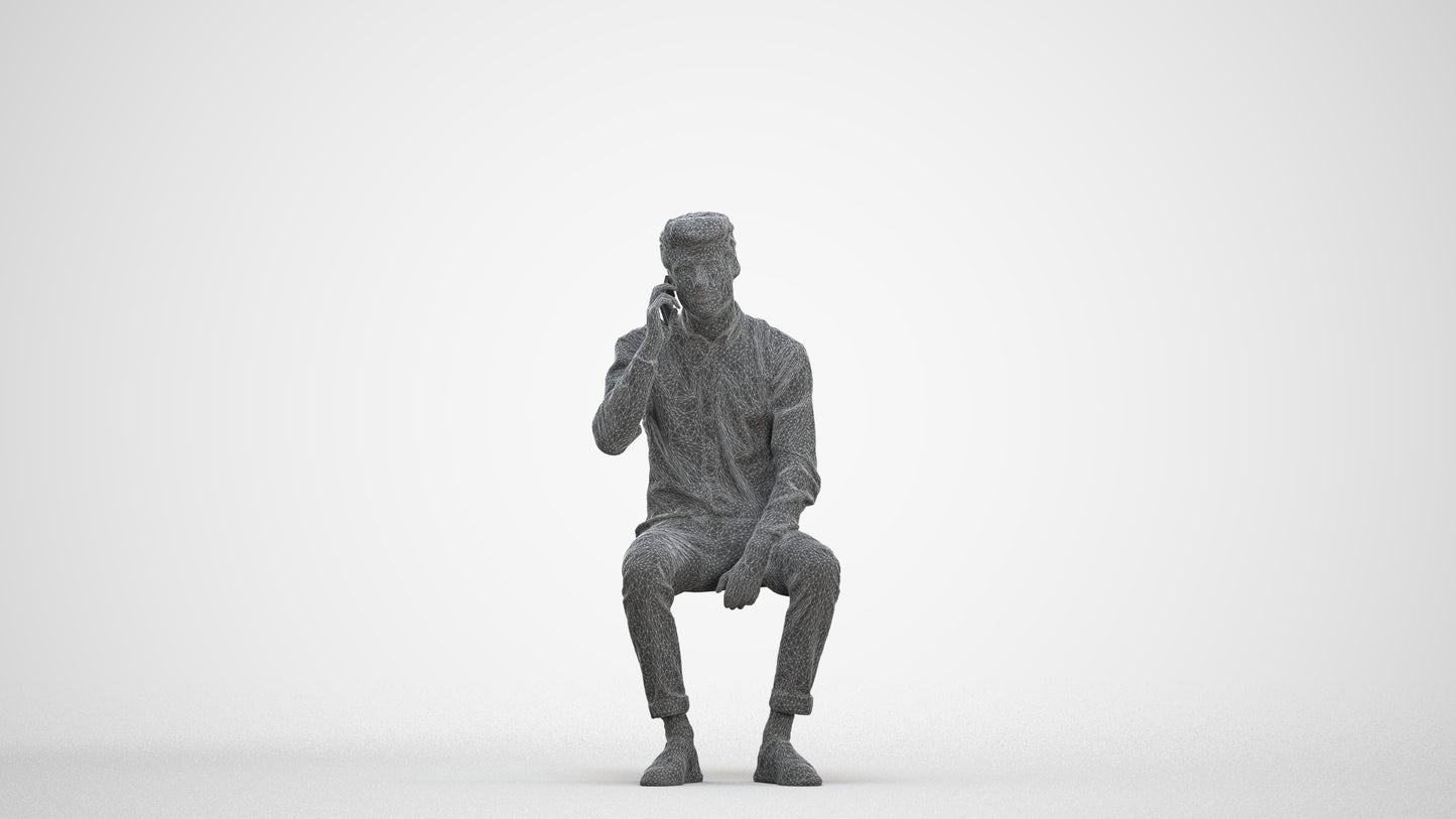 3D people model man casual sitting, scanned human for 3ds Max rendering, three-quarter front view render