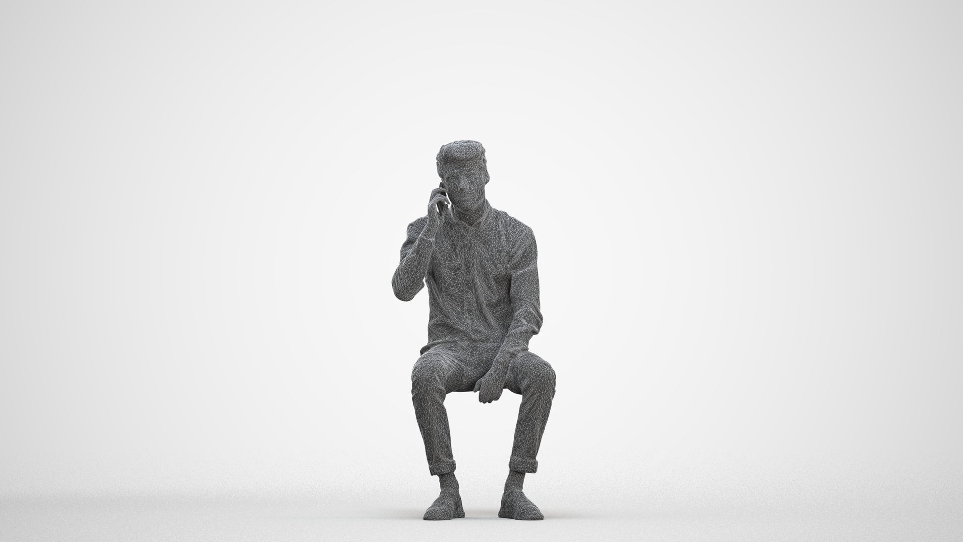 3D people model man casual sitting, scanned human for 3ds Max rendering, three-quarter front view render