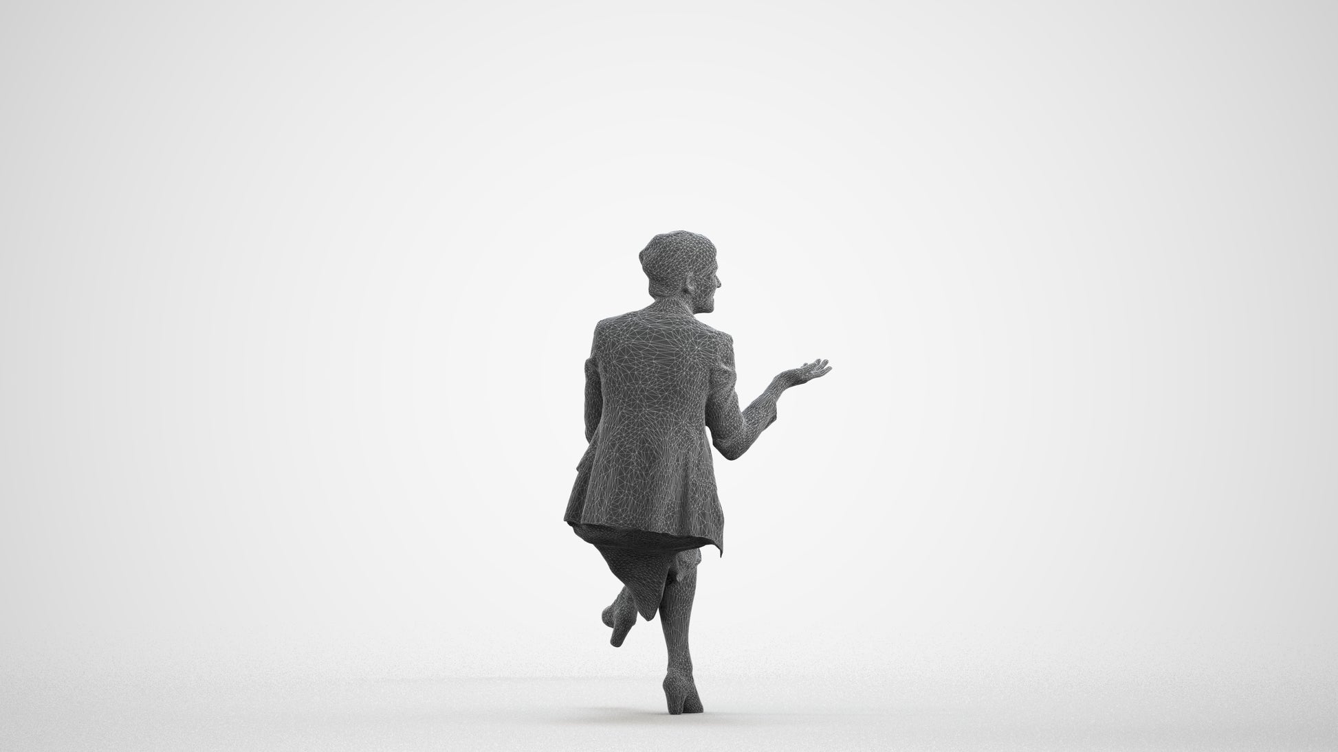 3D human model woman business sitting, photogrammetry scanned person for archviz, wireframe front view