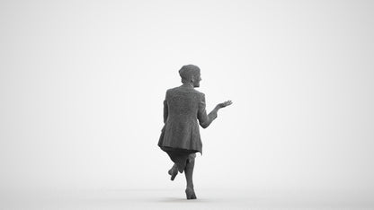 3D human model woman business sitting, photogrammetry scanned person for archviz, wireframe front view