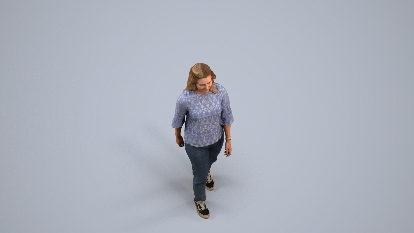 3D scanned woman walking casual, photorealistic archviz people for Enscape and SketchUp, back view render