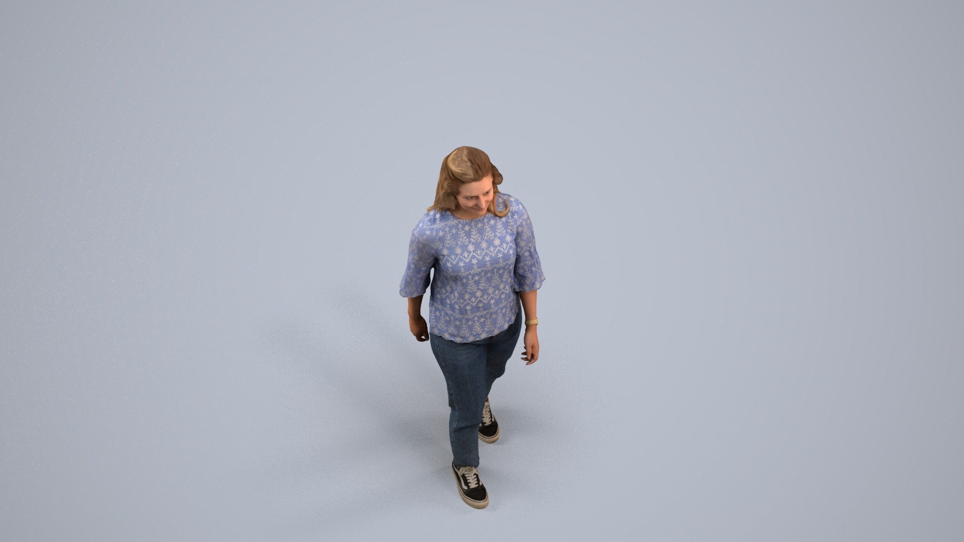 3D scanned woman walking casual, photorealistic archviz people for Enscape and SketchUp, back view render