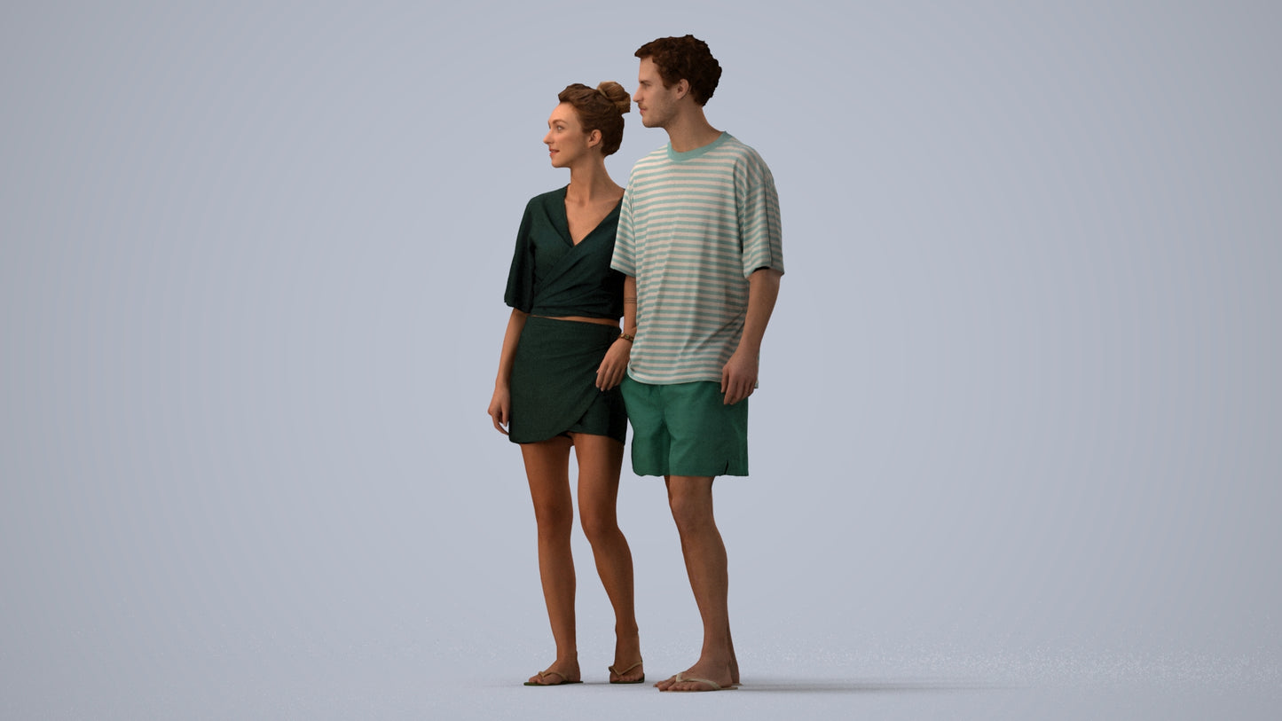realistic 3D human woman casual couple, archviz people FBX OBJ for Blender, three-quarter view render
