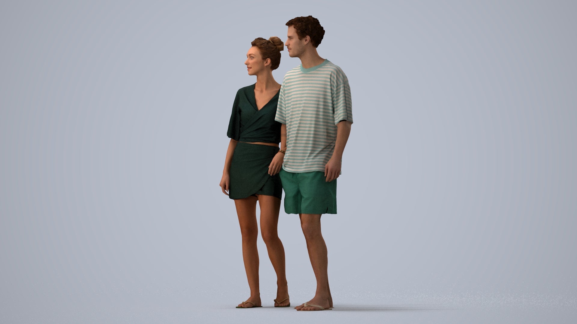 realistic 3D human woman casual couple, archviz people FBX OBJ for Blender, three-quarter view render