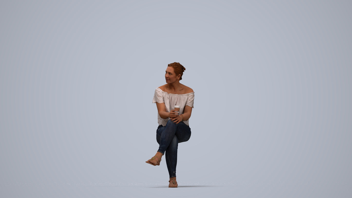 3D people model woman casual sitting, scanned human for 3ds Max rendering, top-down view render